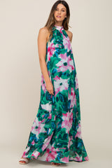 Green Multi-Color Halter Maternity Maxi Dress