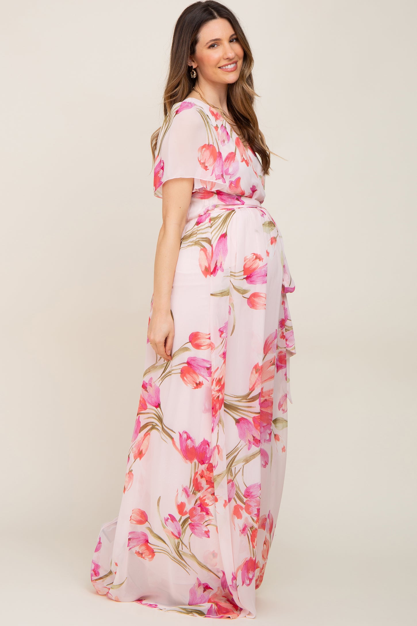 Pink Tulip Floral Chiffon Wrap Front Short Sleeve Maternity Maxi Dress