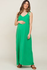 Green Linen V-Neck Tie Strap Maternity Maxi Dress