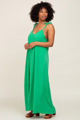 Green Linen V-Neck Tie Strap Maxi Dress