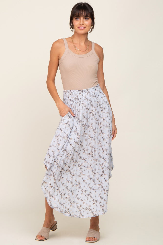 Light Blue Floral Smocked Maternity Midi Skirt