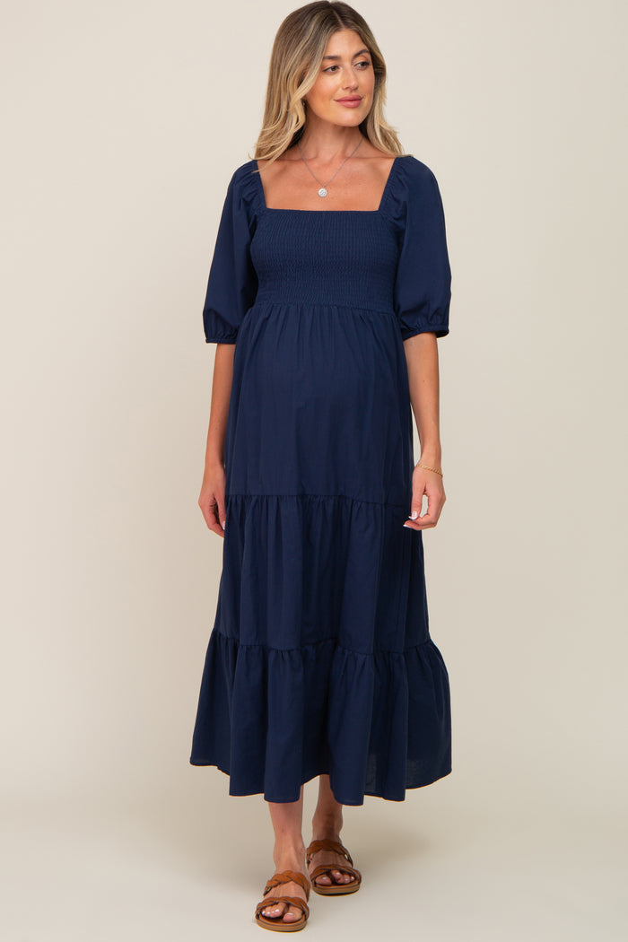 Navy Blue Square Neck Smocked Tiered Maternity Maxi Dress