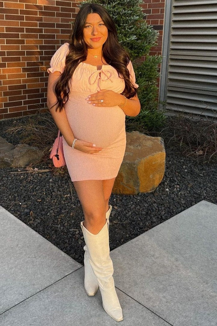 Peach Off-Shoulder Smocked Front Tie Fitted Maternity Dress