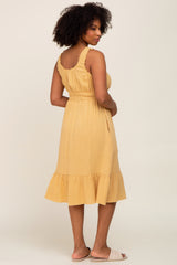 Yellow Gauze Smocked Waist Lettuce Trim Midi Dress