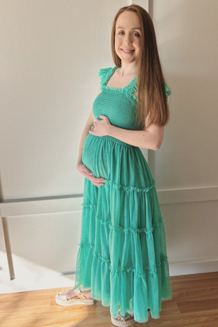 Jade Smocked Mesh Ruffle Accent Maternity Midi Dress