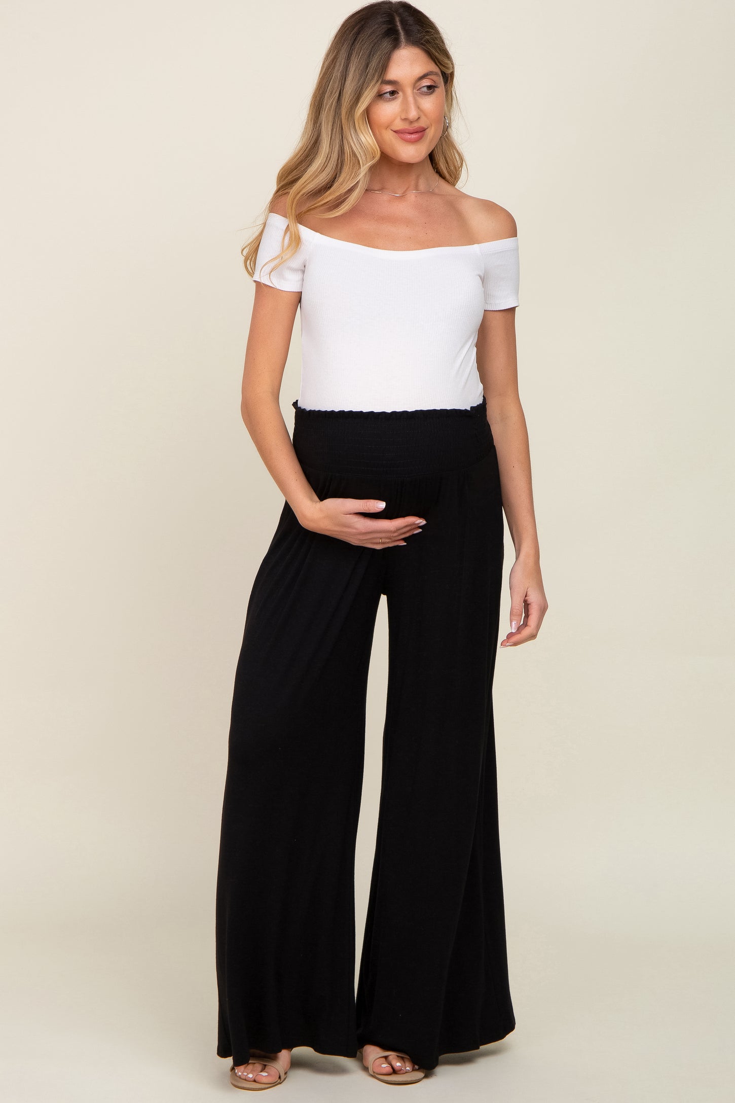 Black Smocked Waist Flowy Maternity Pants