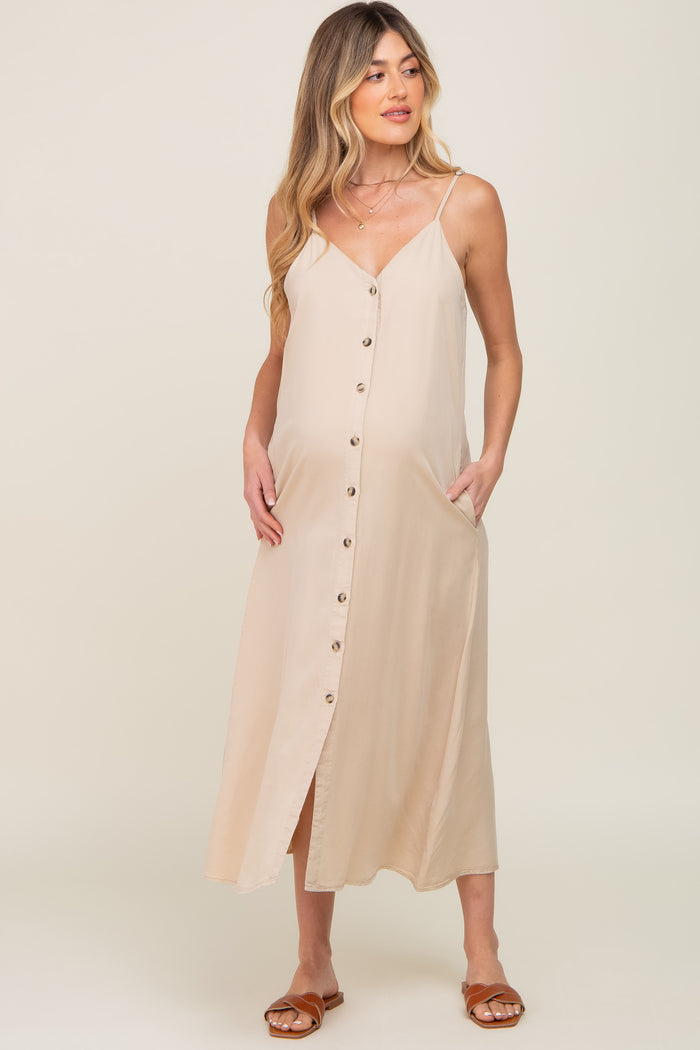 Beige Button Down Maternity Midi Tank Dress