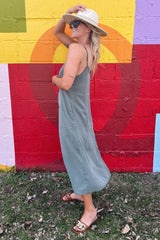 Olive Button Down Midi Tank Dress
