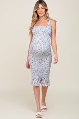 Light Blue Floral Smocked Fitted Maternity Dress