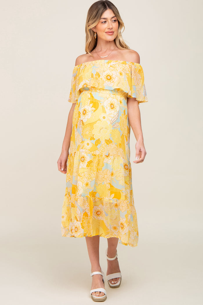 Yellow Floral Flounce Off Shoulder Maternity Midi Dress