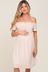 Peach Swiss Dot Off Shoulder Maternity Dress
