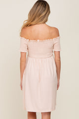 Peach Swiss Dot Off Shoulder Maternity Dress
