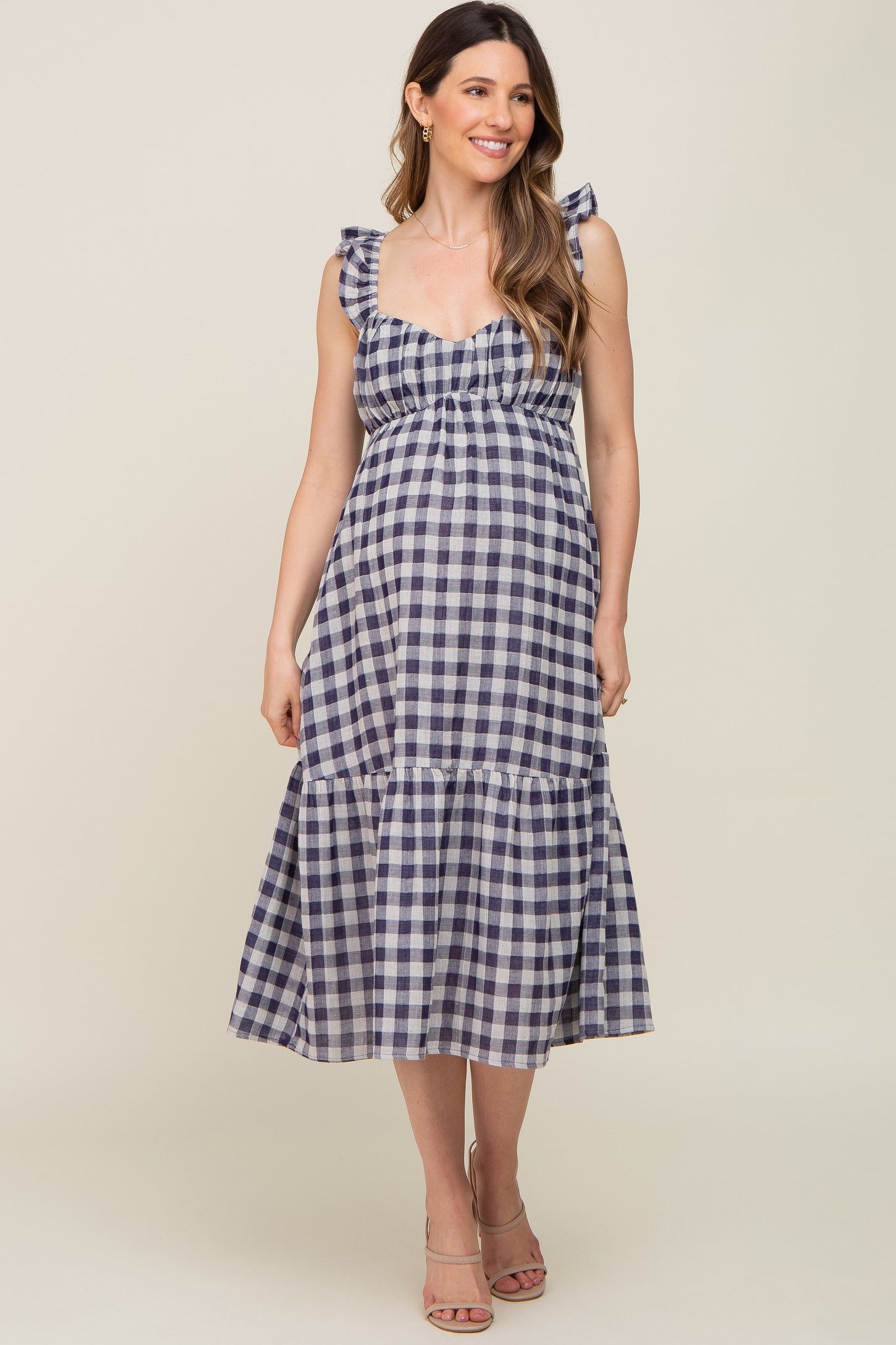 Navy Blue Checkered Linen Sweetheart Neck Ruffle Strap Maternity Midi Dress