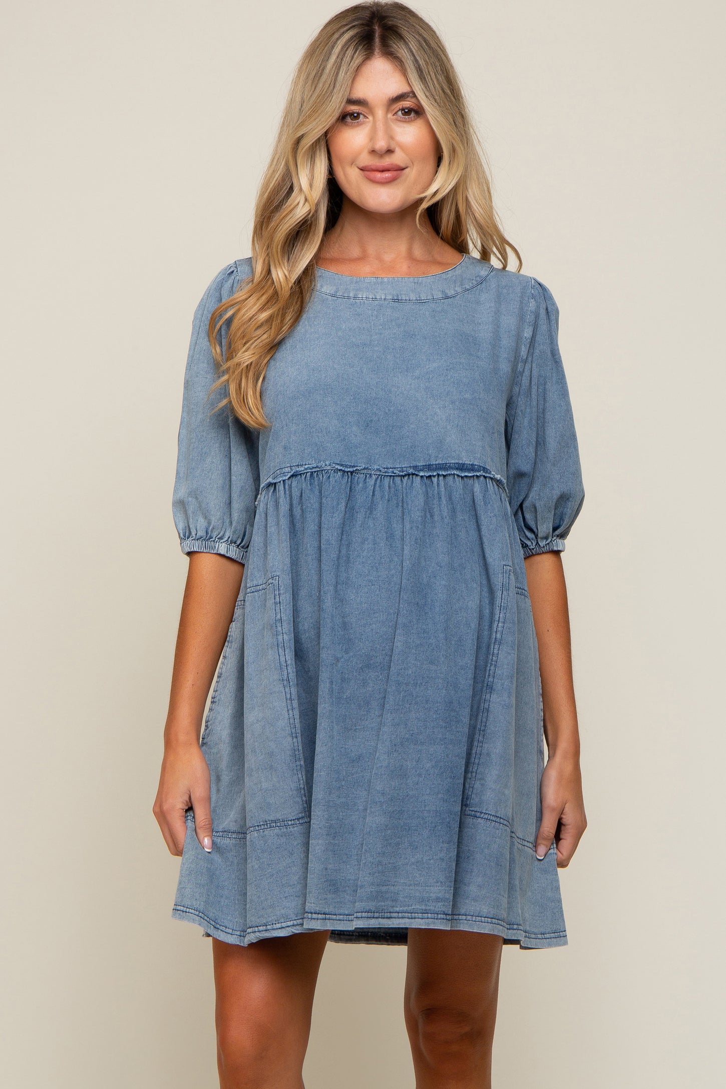 Blue Faded Denim Chambray Maternity Mini Dress