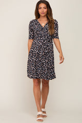 Black Floral Wrap Front V-Neck Short Sleeve Maternity Dress