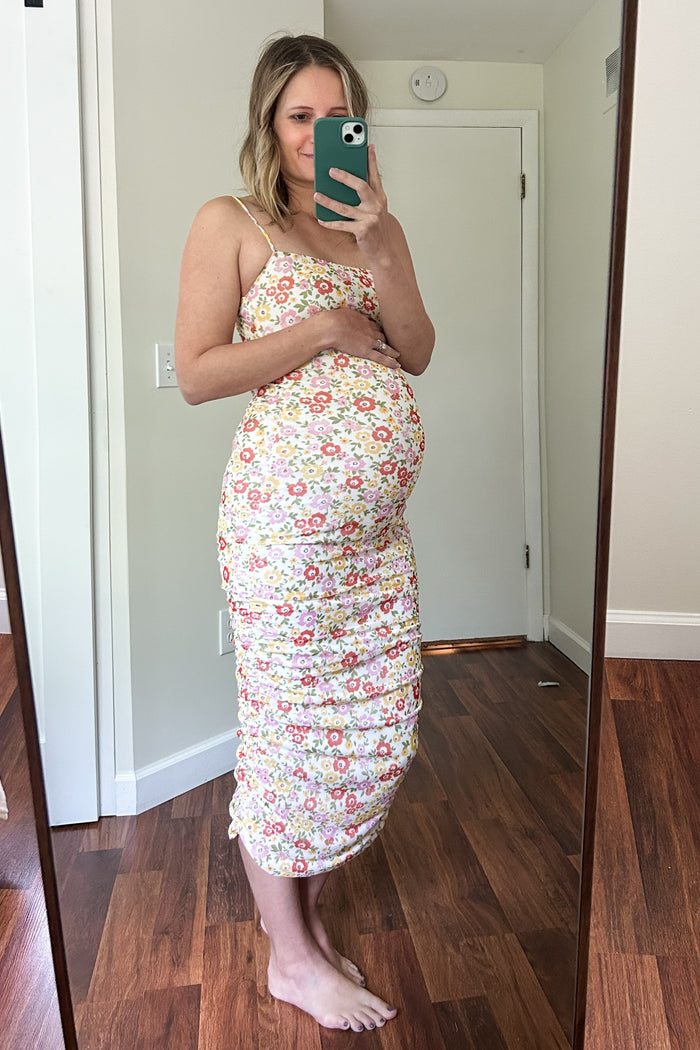 Yellow Floral Mesh Knit Ruched Maternity Midi Dress
