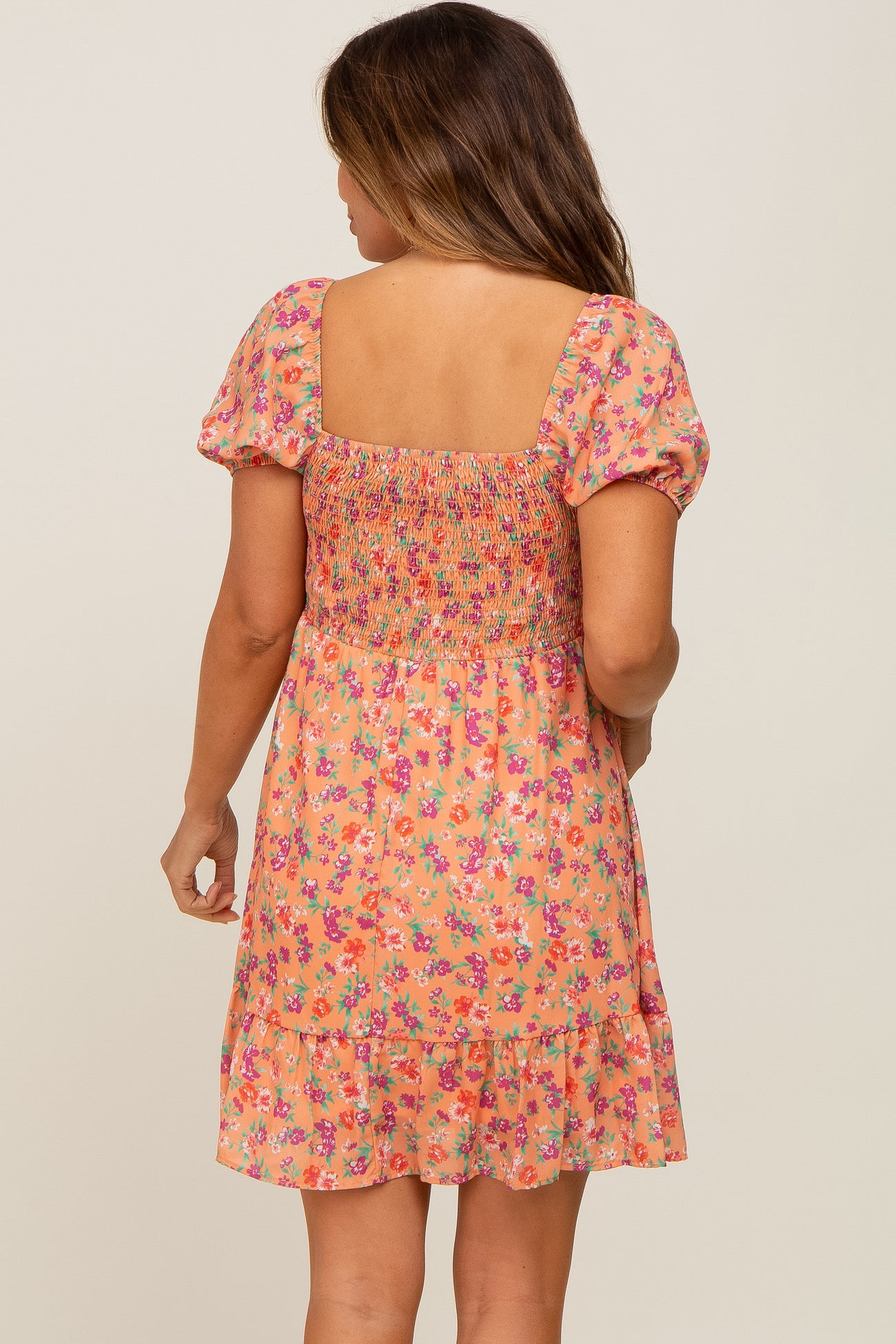 Orange Floral Sweetheart Ruched Front Short Sleeve Maternity Dress