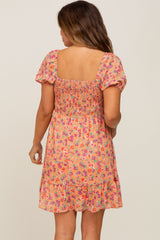 Orange Floral Sweetheart Ruched Front Short Sleeve Maternity Dress