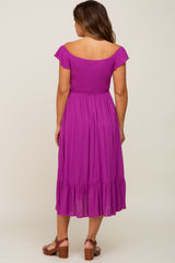 Magenta Smocked Ruched Ruffle Hem Maternity Maxi Dress