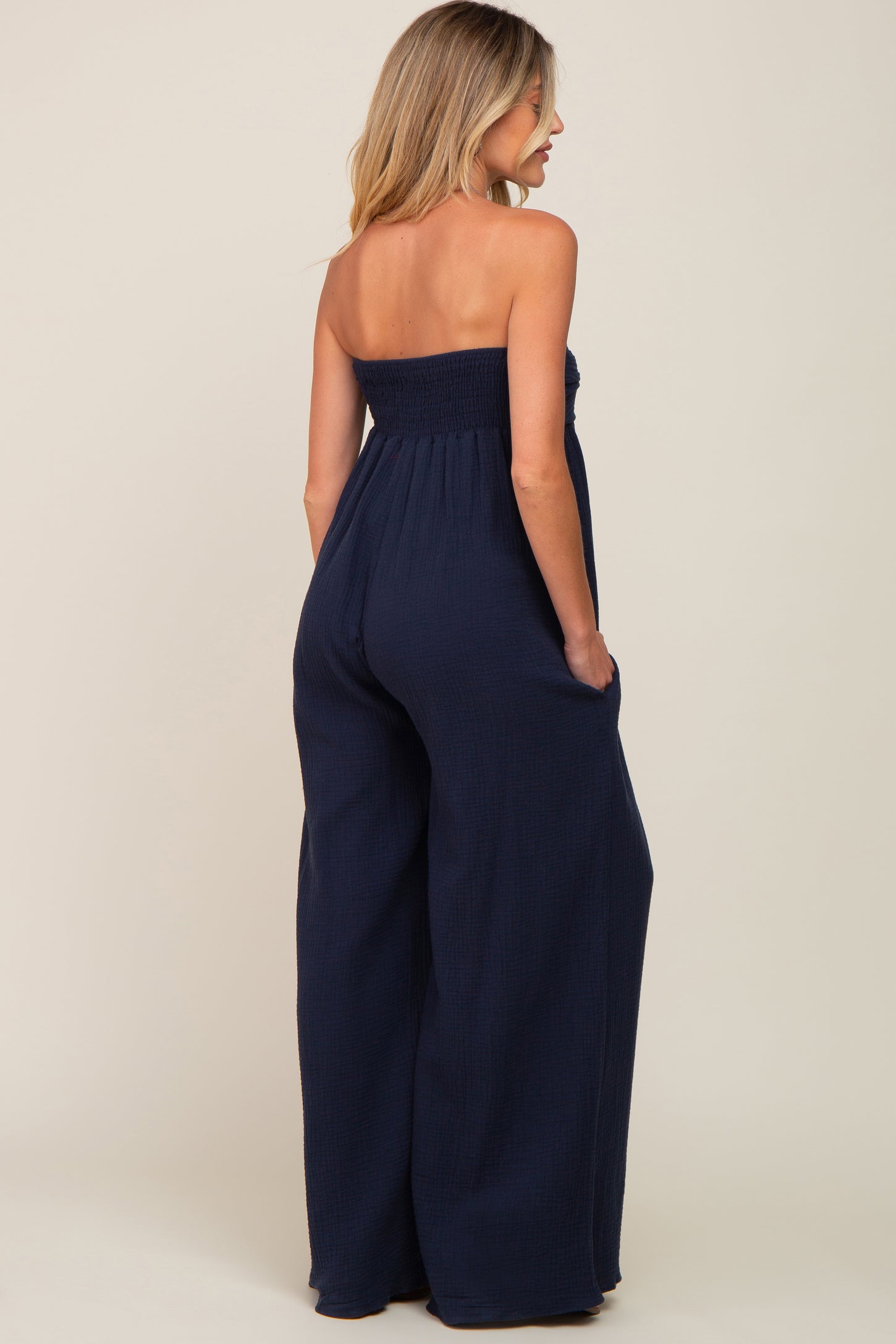Navy Strapless Front Twist Maternity Jumpsuit