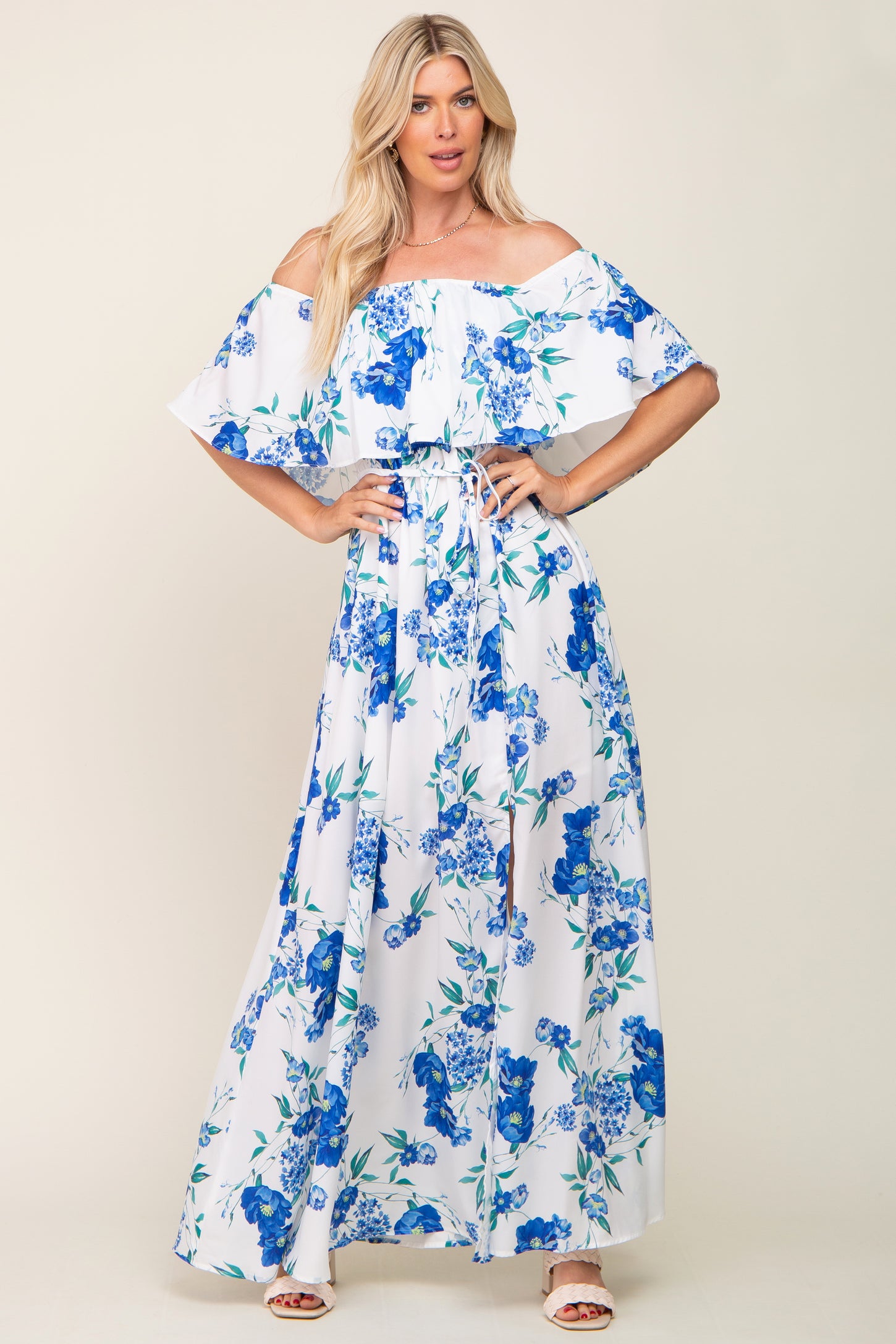 Blue Floral Overlay Off-Shoulder Side Slit Maxi Dress