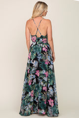 Black Tropical Floral Chiffon Wrap Front Maxi Dress