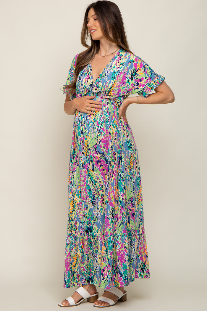 Blue Multi-Color Floral Ruffle Maternity Maxi Dress