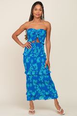Blue Floral Smocked Drawstring Front Cutout Ruffle Trim Midi Dress