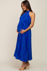 Royal Blue Pleated Maternity Halter Dress