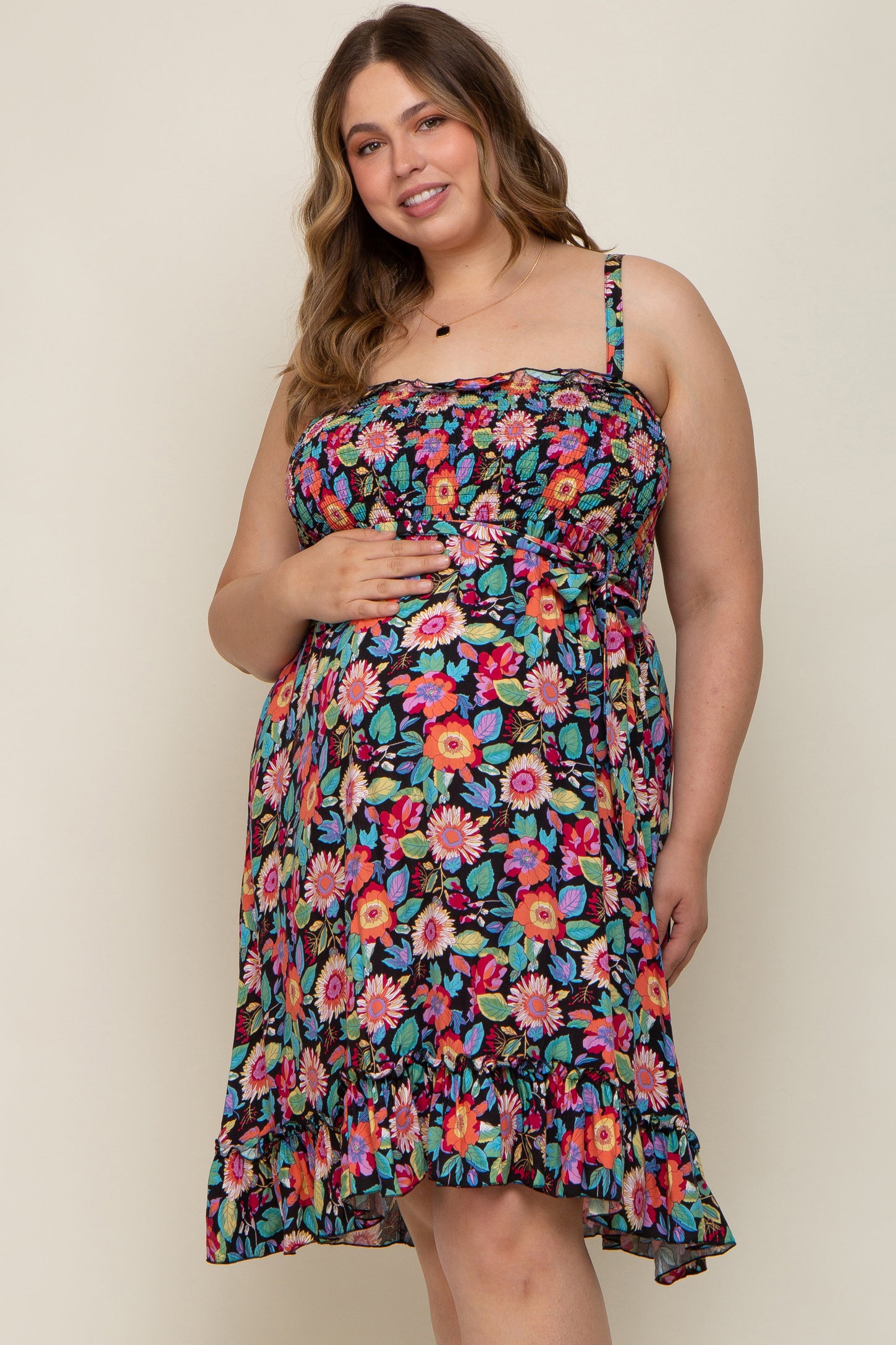 Black Floral Sleeveless Ruffled Plus Maternity Dress