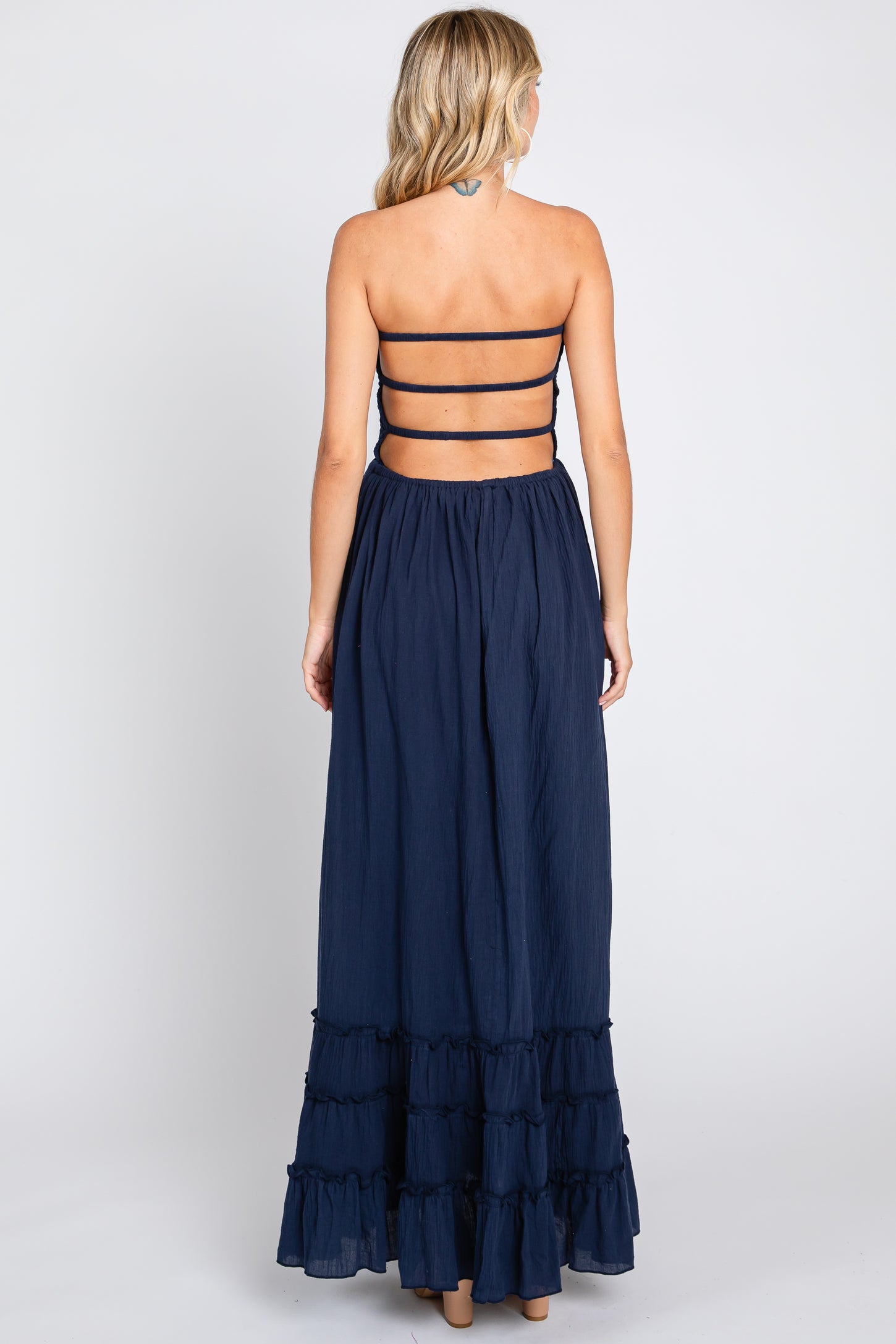 Navy Smocked Cutout Back Maxi Dress