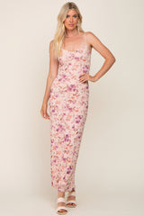 Pink Floral Mesh V-Neck Maxi Dress