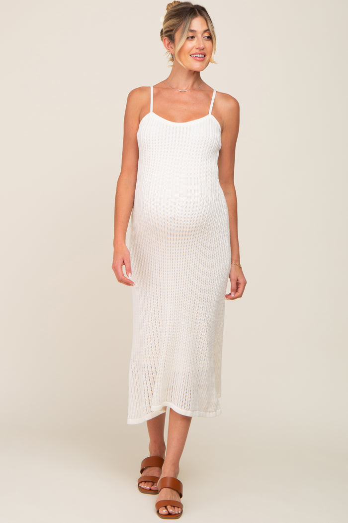White Open Knit Crochet Maternity Midi Dress