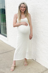 White Open Knit Crochet Maternity Midi Dress