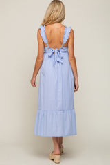 Light Blue Ruffle Accent Back Tie Maternity Midi Dress