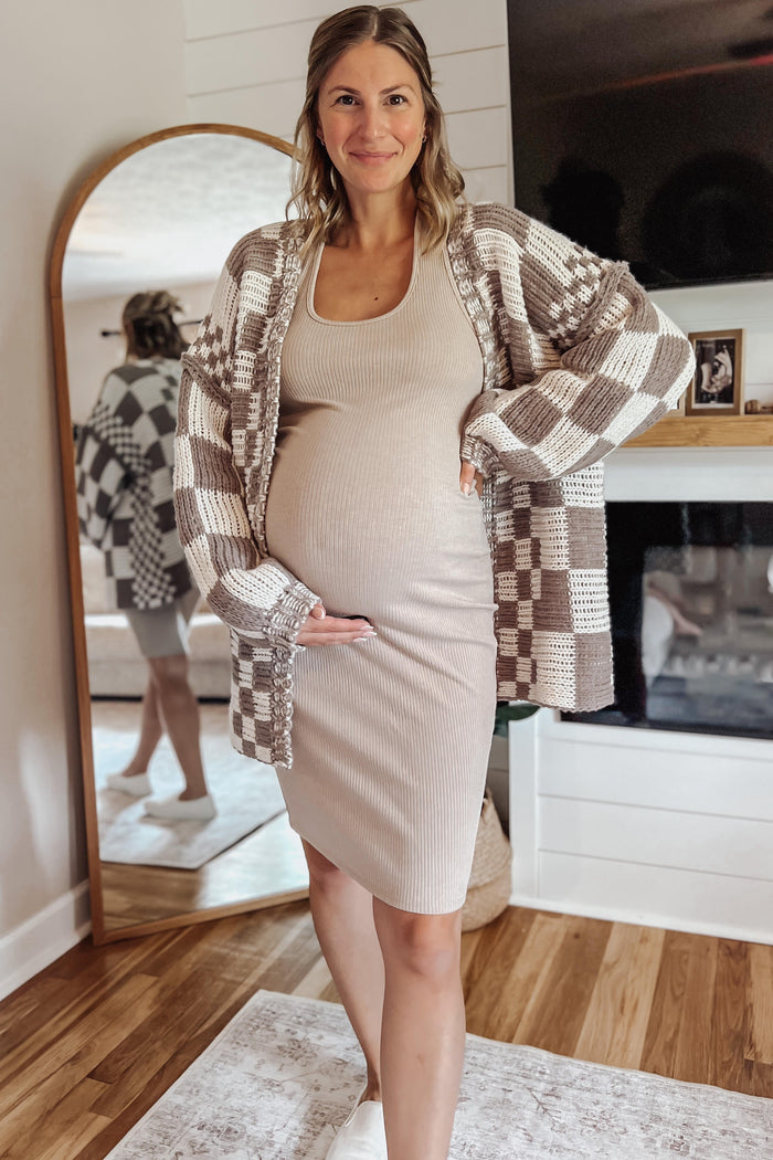 Mocha Checkered Oversized Chunky Knit Maternity Cardigan