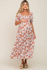 Cream Floral Smocked Square Neck Tiered Maternity Maxi Dress