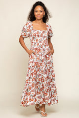 Cream Floral Smocked Square Neck Tiered Maternity Maxi Dress