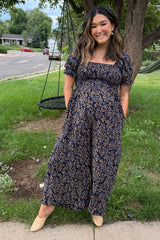 Navy Floral Smocked Maternity Jumpsuit