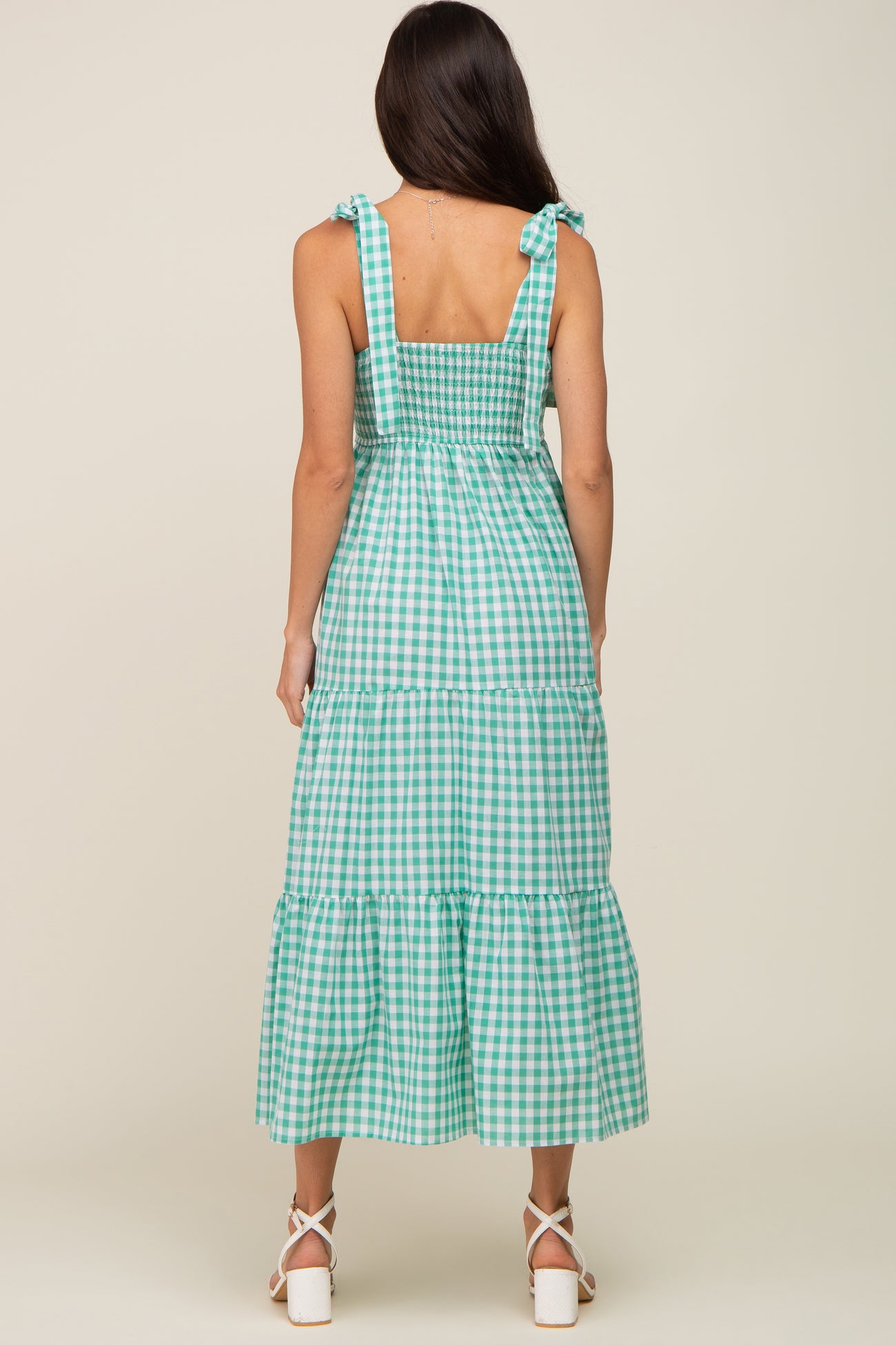 Green Checkered Sleeveless Tiered Maxi Dress