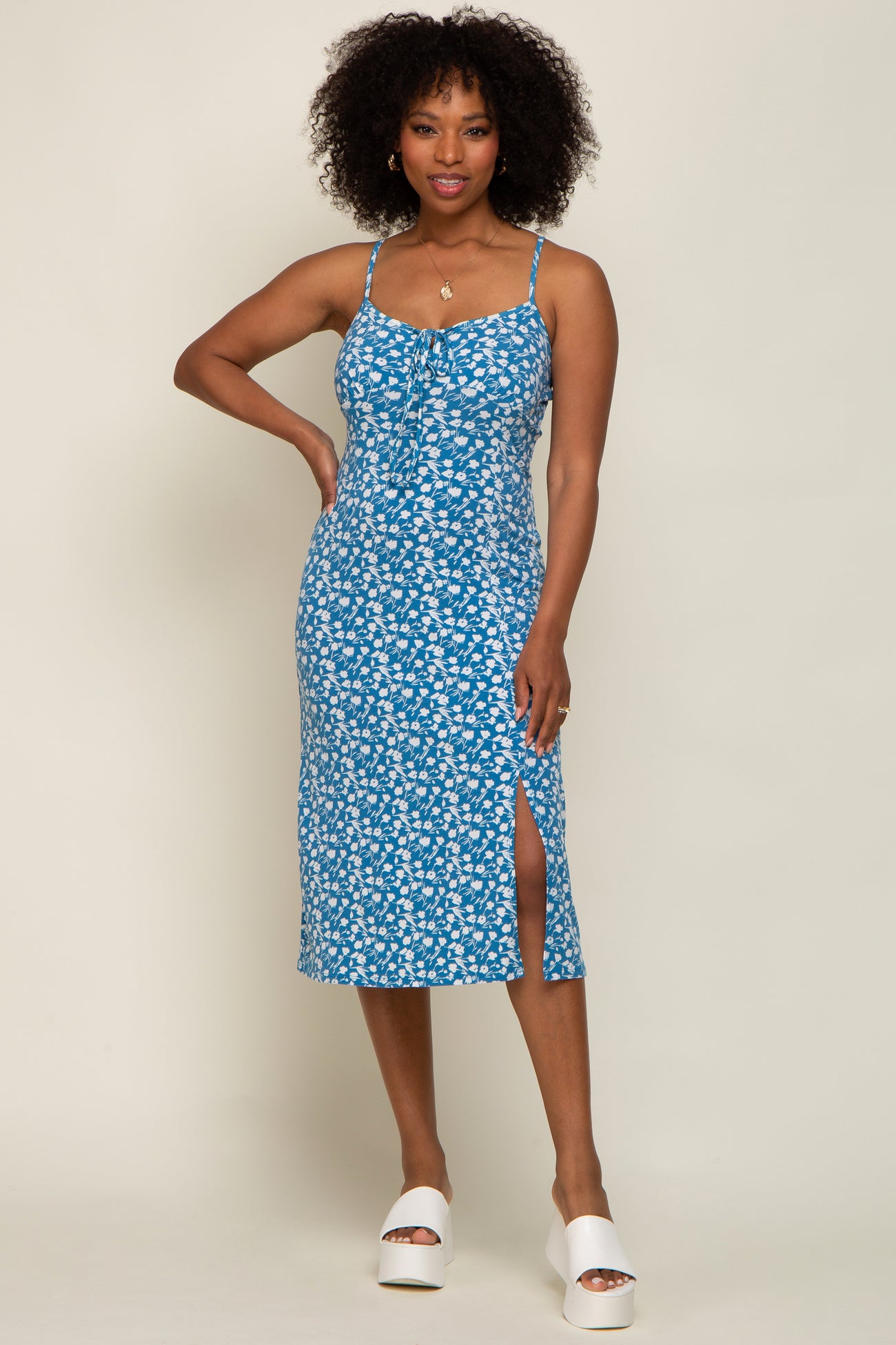 Blue Floral Front Tie Side Slit Maternity Midi Dress