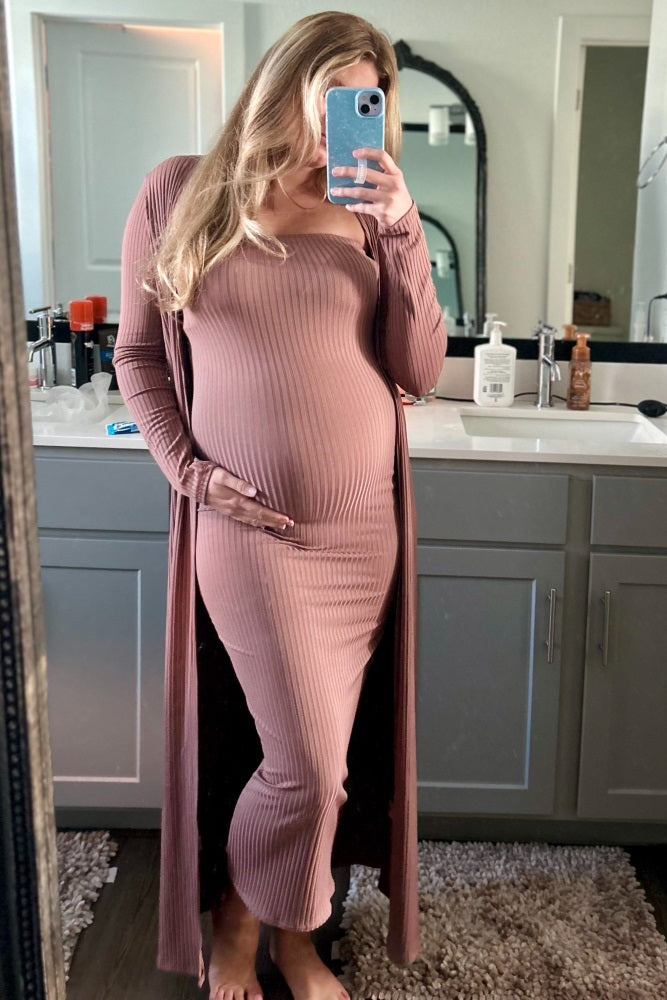 Mocha Ribbed Sleeveless Dress Cardigan Maternity Set