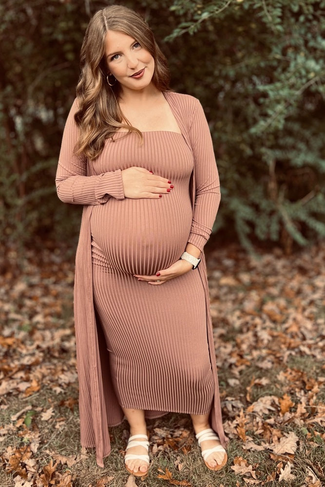 Mocha Ribbed Sleeveless Dress Cardigan Maternity Set