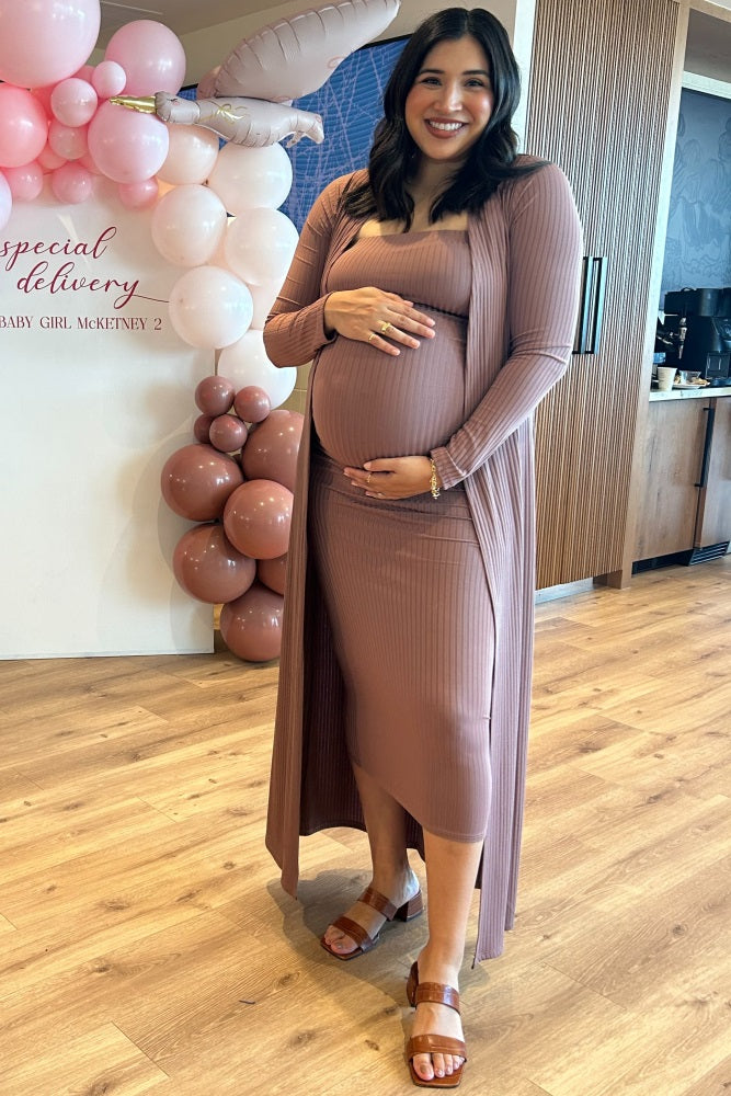 Mocha Ribbed Sleeveless Dress Cardigan Maternity Set