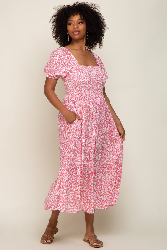 Pink Floral Smocked Short Sleeve Maternity Midi Dress