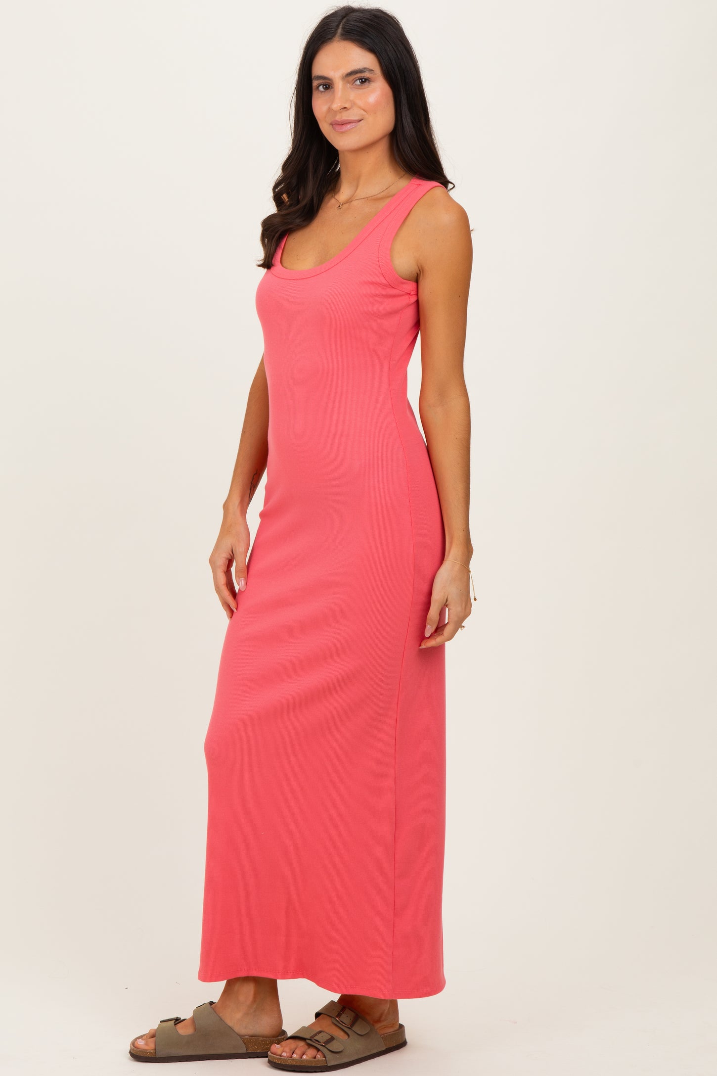 Pink Sleeveless Ribbed Maxi Dress