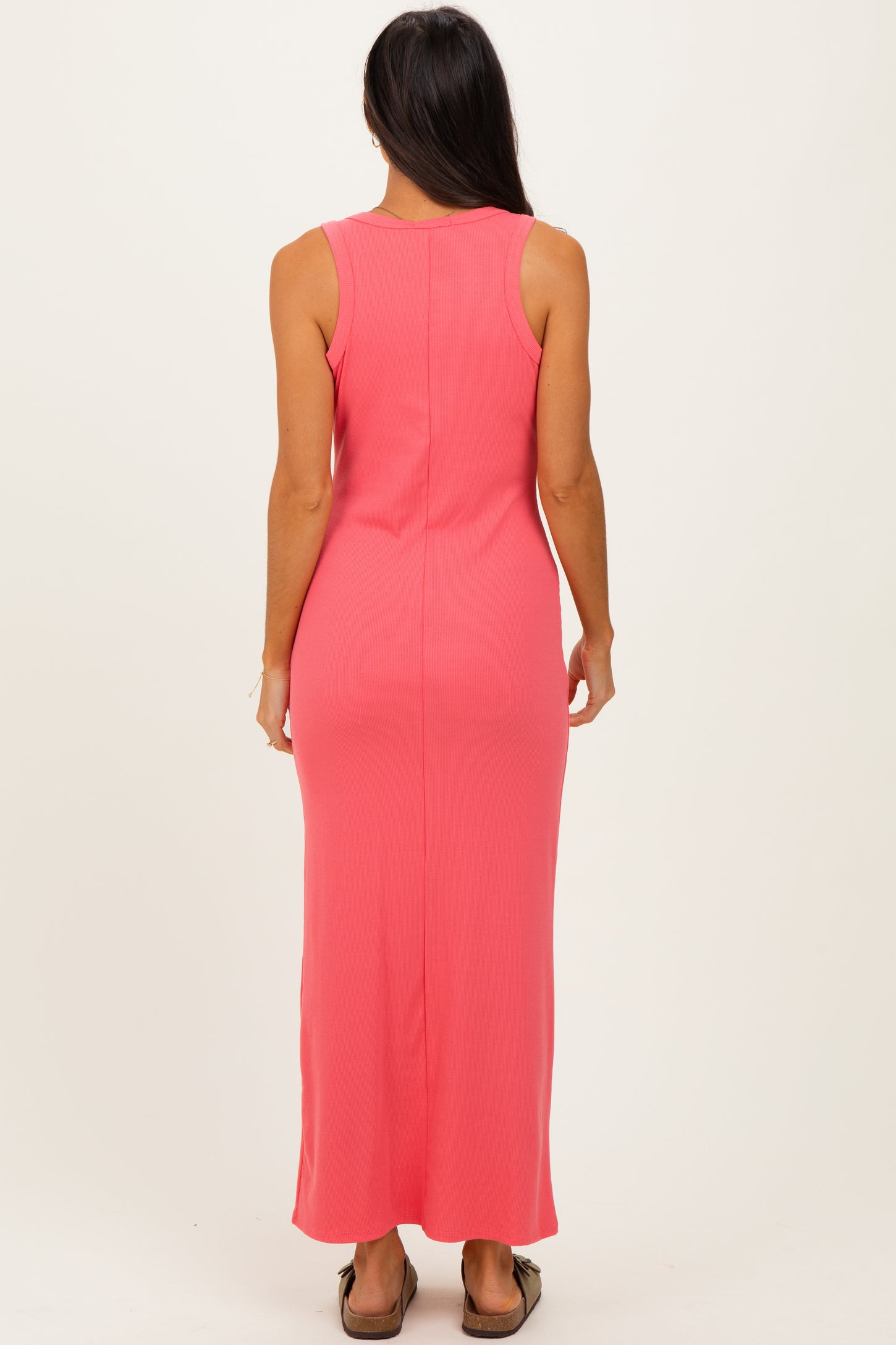 Pink Sleeveless Ribbed Maxi Dress