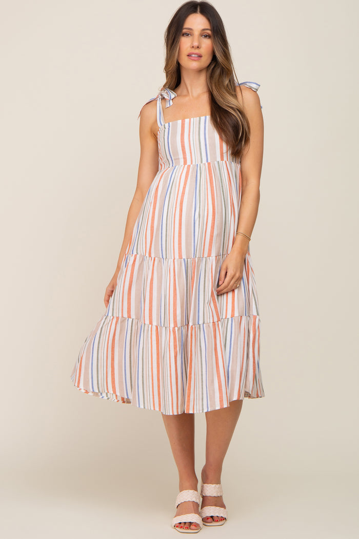 Rust Striped Shoulder Tie Tiered Maternity Midi Dress
