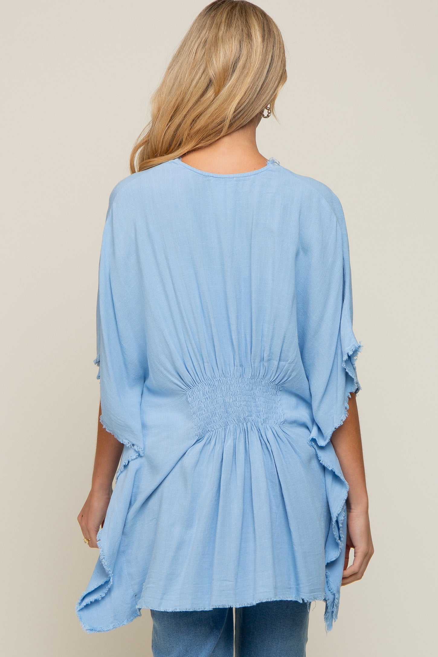Light Blue Fringe Maternity Dolman Sleeve Cover Up
