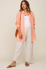 Peach Lightweight Sheer Button Down Maternity Blouse